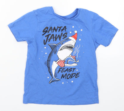 George Boys Blue   Basic T-Shirt Size 6-7 Years  - Santa Jaws Feast Mode
