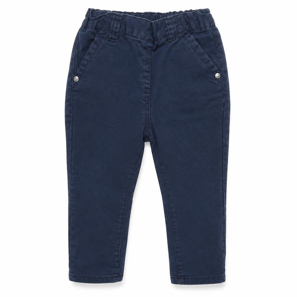 Front view of Next boys’ blue denim capri trousers, size 9-12, months - waist 16in; inside leg 11 in