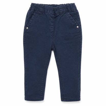 Front view of Next boys’ blue denim capri trousers, size 9-12, months - waist 16in; inside leg 11 in