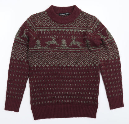 Boohoo Womens Brown Geometric Knit Pullover Jumper Size 10