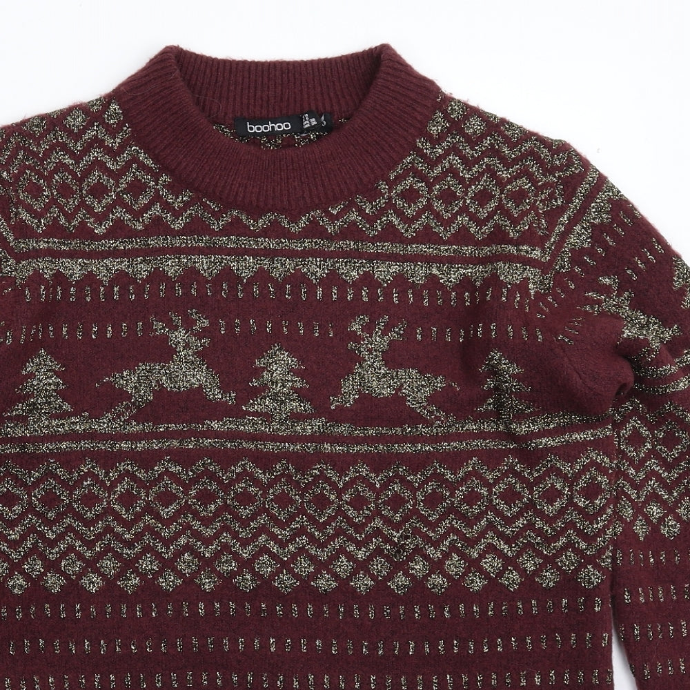 Boohoo Womens Brown Geometric Knit Pullover Jumper Size 10