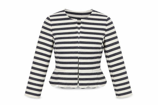 Front view of Atmosphere women’s beige striped jacket coat, size UK 8