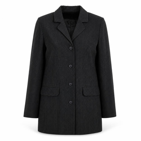 Front view of FASHION EXTRA women’s black striped jacket blazer, size UK 12