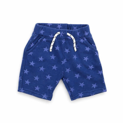 Front view of Primark boys’ blue geometric trousers, size 12-18, months - star pattern shorts