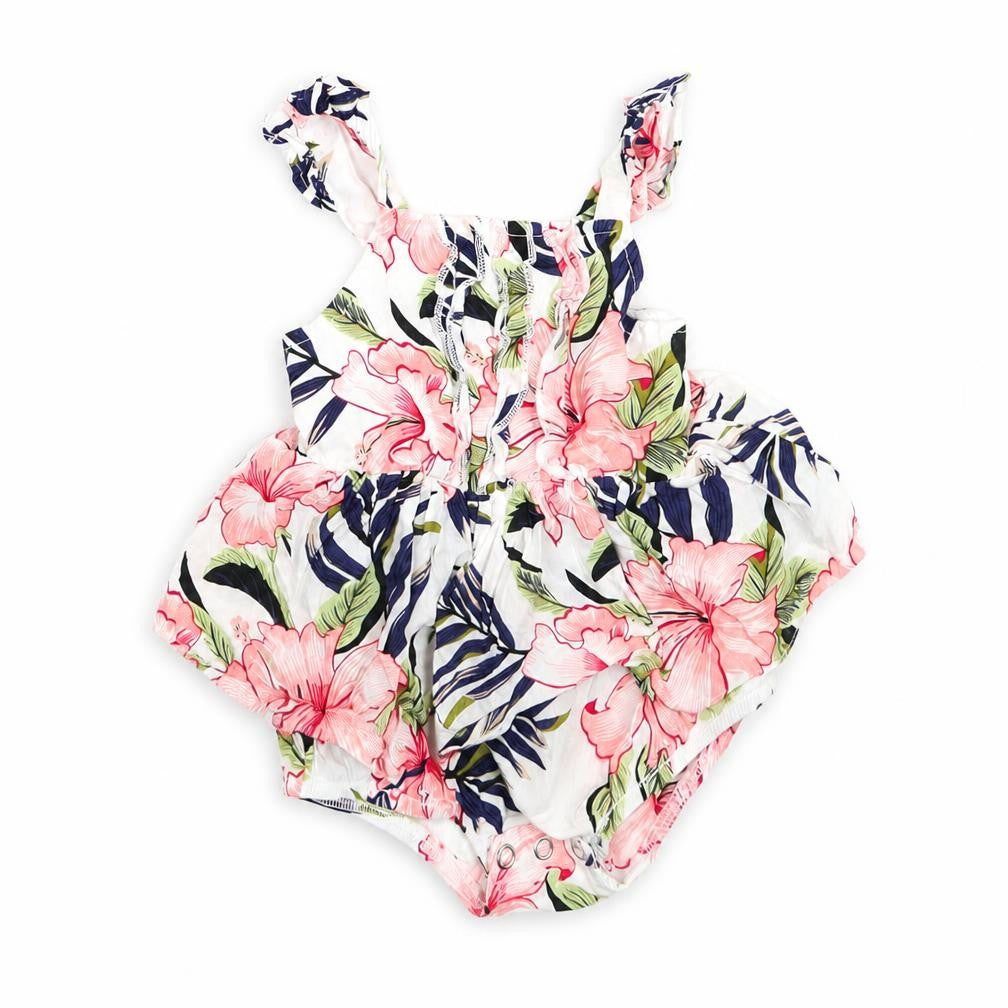 Front view of Patpat girls’ white floral babygrow one-piece, size 3-6, months