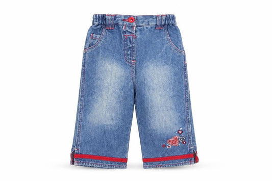 Front view of George girls’ blue cargo jeans, size 6-9, months - heart motif on lower leg