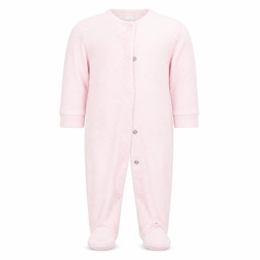 Front view of Next girls’ pink polka dot babygrow one-piece, size 3-6, months