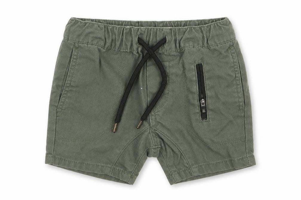 Front view of denim co boys’ green cargo trousers, size 18-24, months