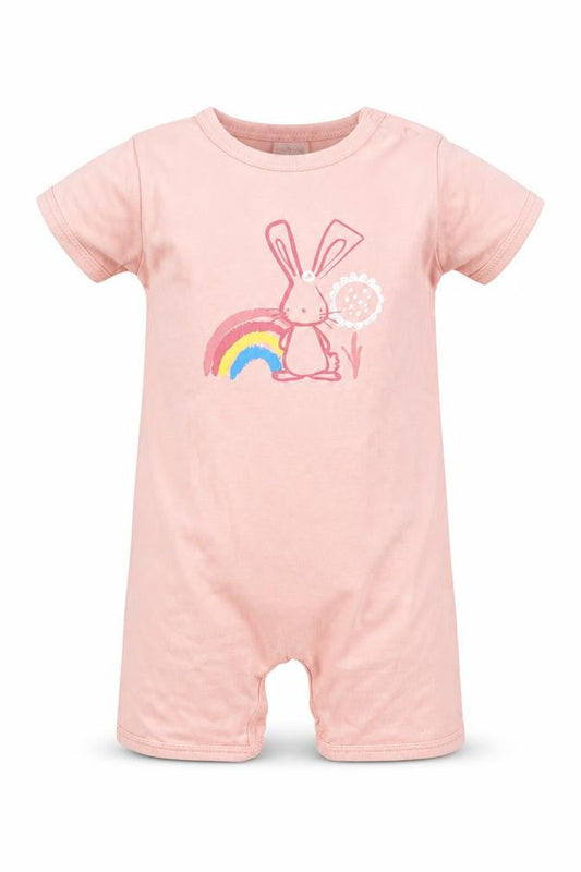 Front view of Lily & Dan girls’ pink romper one-piece, size 3-6, months