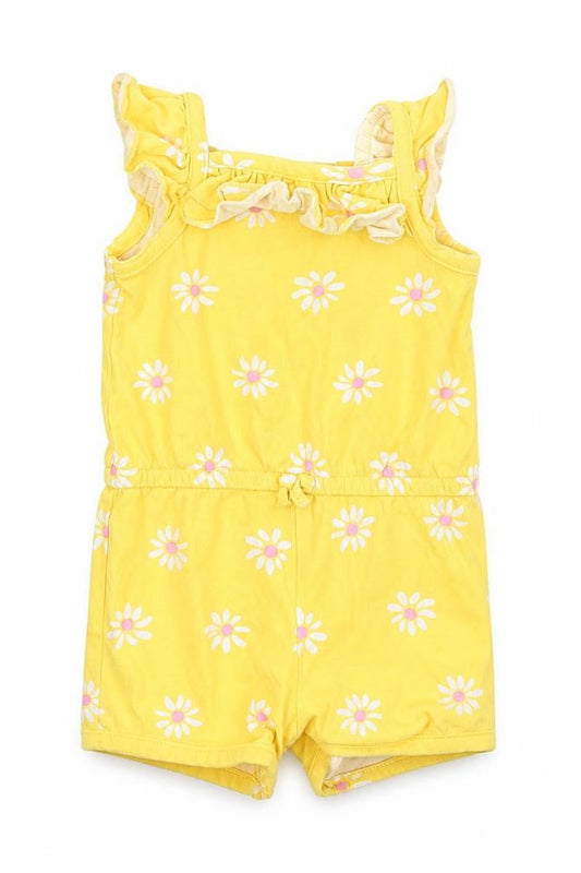 Front view of Mothercare girls’ yellow floral romper one-piece, size 3-6, months