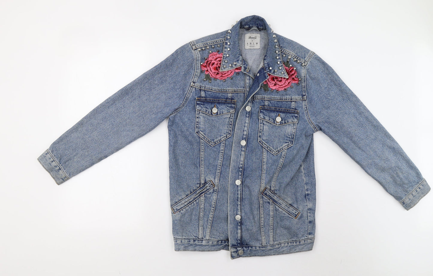 Primark Womens Blue  Denim Jacket  Size 6  - Rose Applique