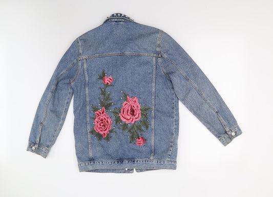Primark Womens Blue  Denim Jacket  Size 6  - Rose Applique