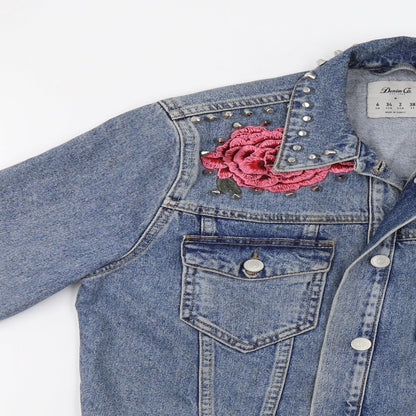 Primark Womens Blue  Denim Jacket  Size 6  - Rose Applique