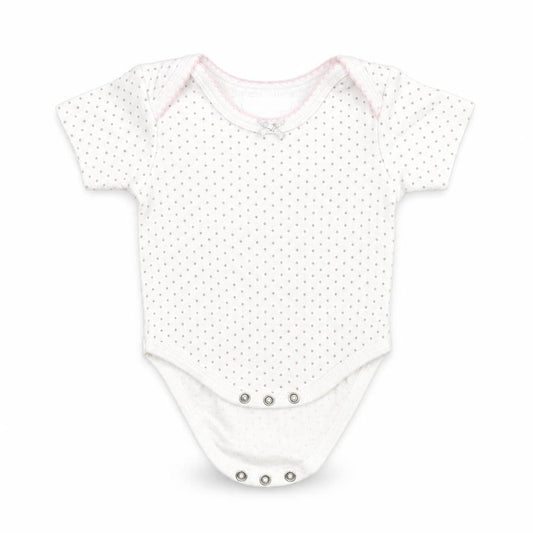Front view of Pitter Patter girls’ white polka dot babygrow one-piece, size 3-6, months