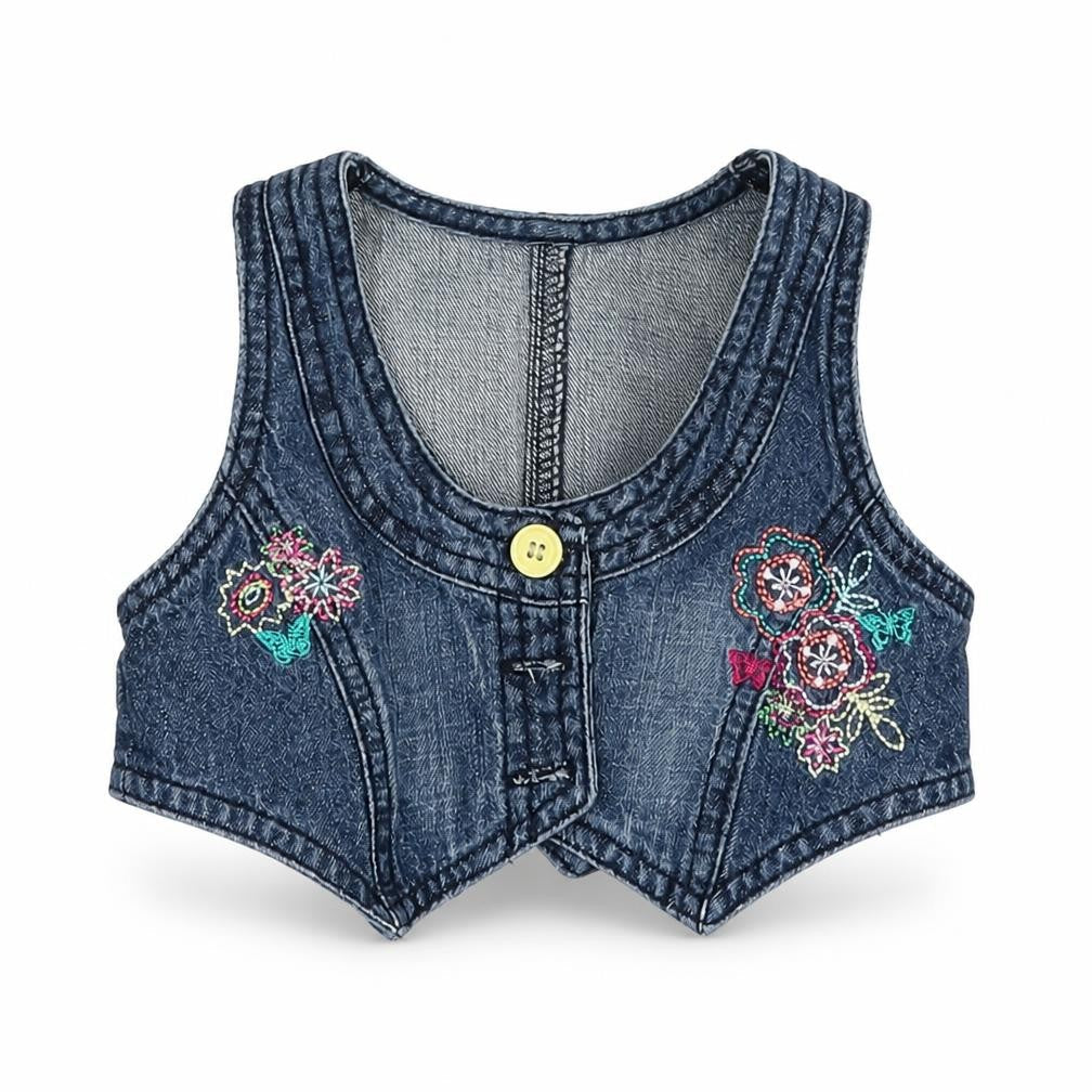 Front view of Matalan girls’ blue floral jacket waistcoat, size 9-12, months