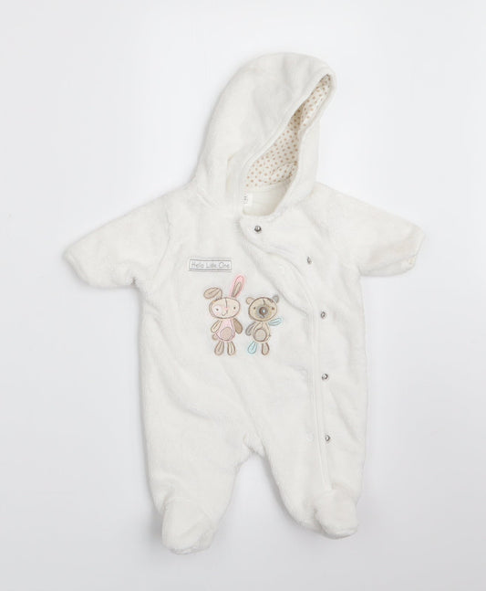 Florence and Fred Girls White Animal Print  Coverall One-Piece Size 0-3 Months  - Rabbit and Teddy Bear