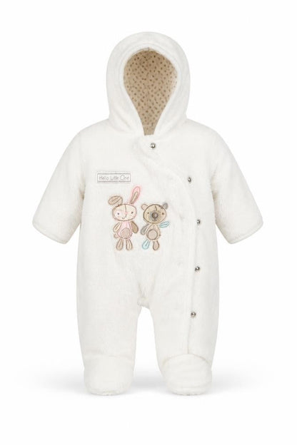 Front view of F&F girls’ white animal print coverall one-piece, size 0-3, months - rabbit and teddy bear