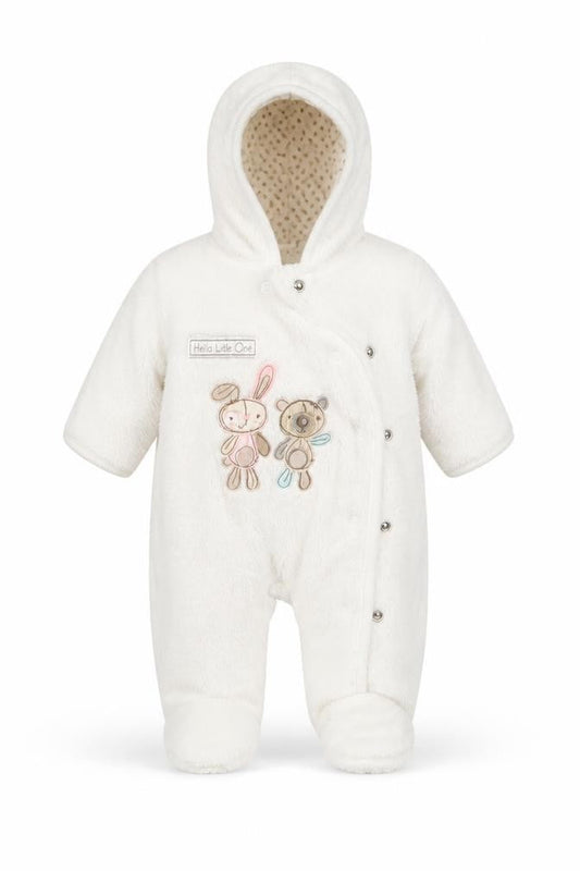 Front view of F&F girls’ white animal print coverall one-piece, size 0-3, months - rabbit and teddy bear