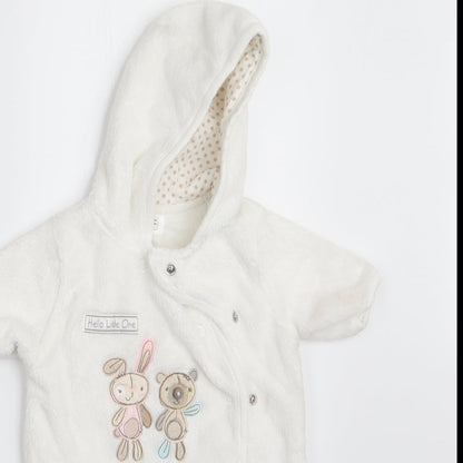 Florence and Fred Girls White Animal Print  Coverall One-Piece Size 0-3 Months  - Rabbit and Teddy Bear