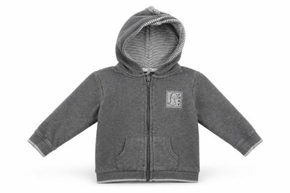Front view of George boys’ grey animal print full zip jumper, size 6-9, months - dinasour hood