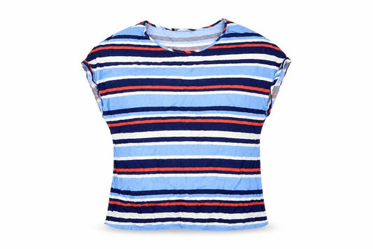 Front view of Atmosphere women’s blue striped basic t-shirt, size UK 14