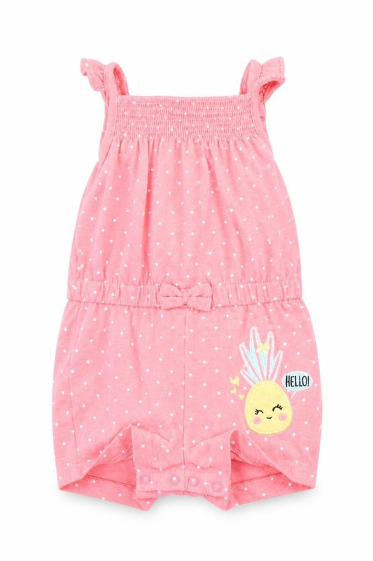 Front view of Primark girls’ pink polka dot romper one-piece, size 3-6, months