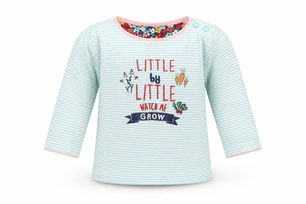 Front view of Mini Club girls’ green striped henley jumper, size 9-12, months