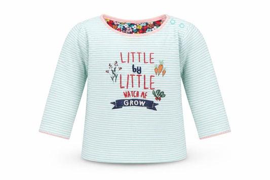 Front view of Mini Club girls’ green striped henley jumper, size 9-12, months