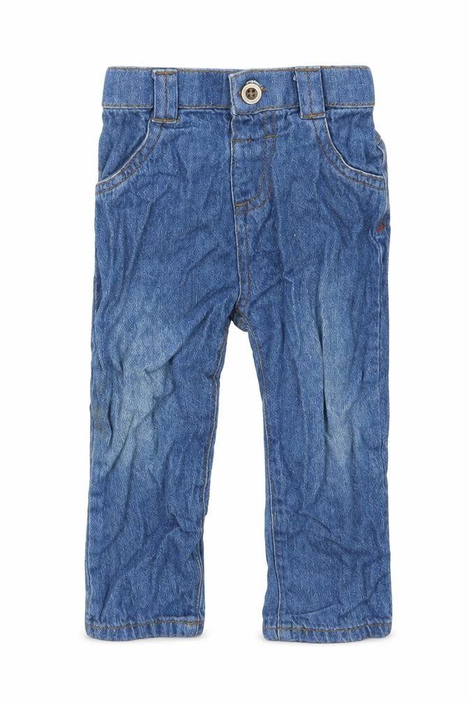 Front view of Nutmeg boys’ blue denim cargo jeans, size 9-12, months
