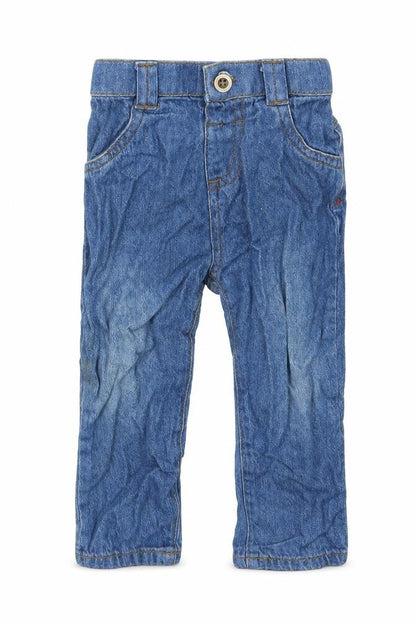 Front view of Nutmeg boys’ blue denim cargo jeans, size 9-12, months