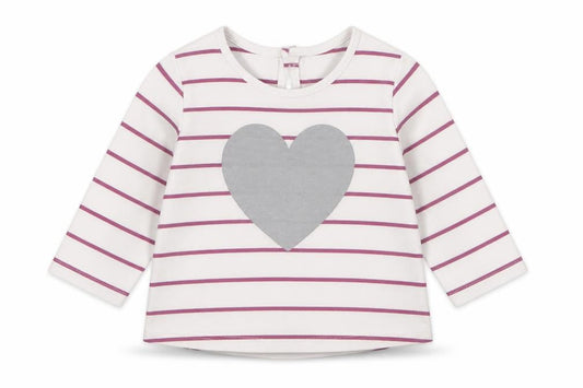 Front view of Preworn girls’ white striped basic t-shirt, size 3-6, months - love heart
