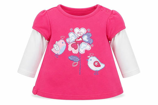 Front view of M&Co girls’ pink basic t-shirt, size 6-9, months - birds flowers
