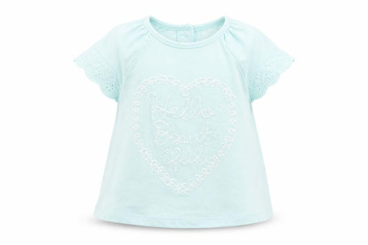Front view of F&F girls’ blue basic t-shirt, size 3-6, months