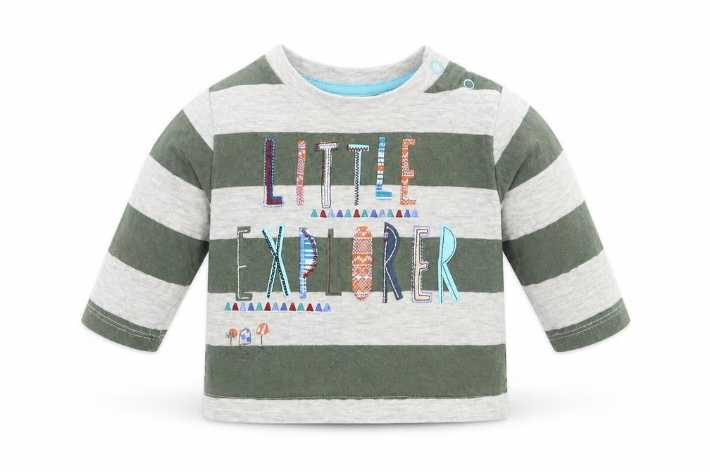 Front view of Tu Baby Green Striped Basic T-Shirt, size 0-3, Months - Little Explorer
