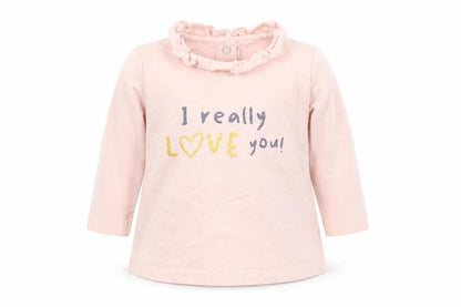 Front view of Matalan girls’ pink basic t-shirt, size 0-3, months - i really love you