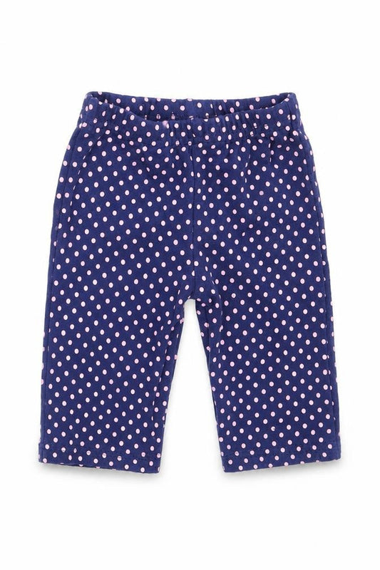 Front view of Preworn girls’ blue polka dot leggings, size 3-6, months