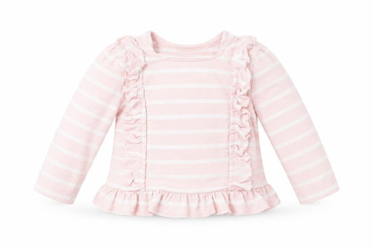 Front view of Maine New England girls’ pink striped basic t-shirt, size 3-6, months