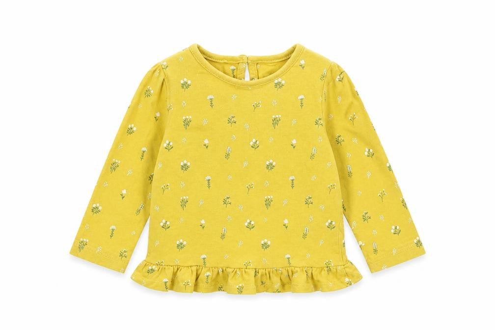 Front view of Mini Club girls’ yellow floral basic t-shirt, size 6-9, months