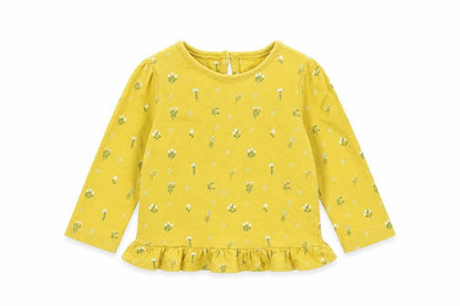 Front view of Mini Club girls’ yellow floral basic t-shirt, size 6-9, months