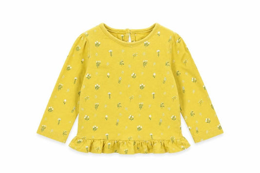 Front view of Mini Club girls’ yellow floral basic t-shirt, size 6-9, months