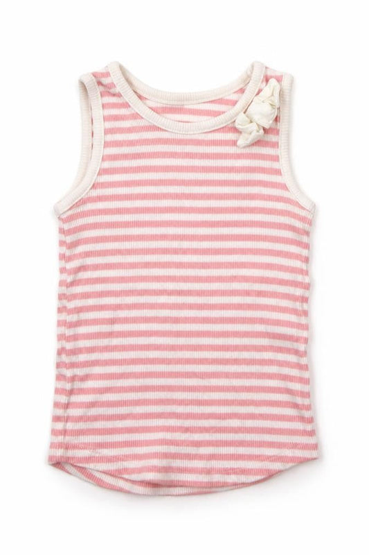 Front view of Matalan girls’ pink striped basic tank, size 12-18, months
