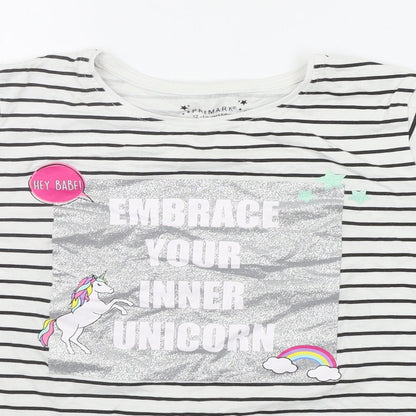 Primark Girls White Striped  Basic T-Shirt Size 12-13 Years  - shiny details