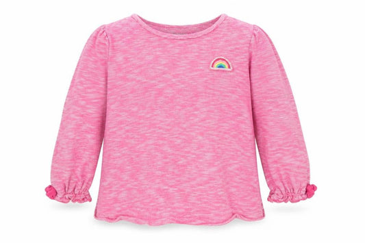 Front view of F&F girls’ pink basic t-shirt, size 9-12, months - rainbow