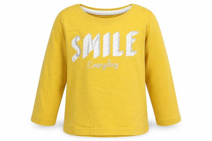 Front view of Primark girls’ yellow basic t-shirt, size 9-12, months - smile everyday