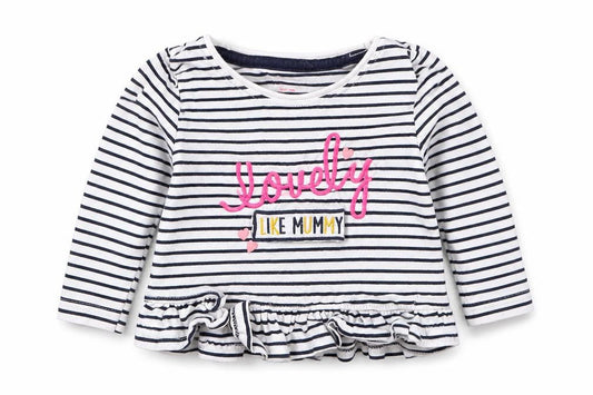 Front view of Primark girls’ blue striped basic t-shirt, size 9-12, months - lovely like mummy