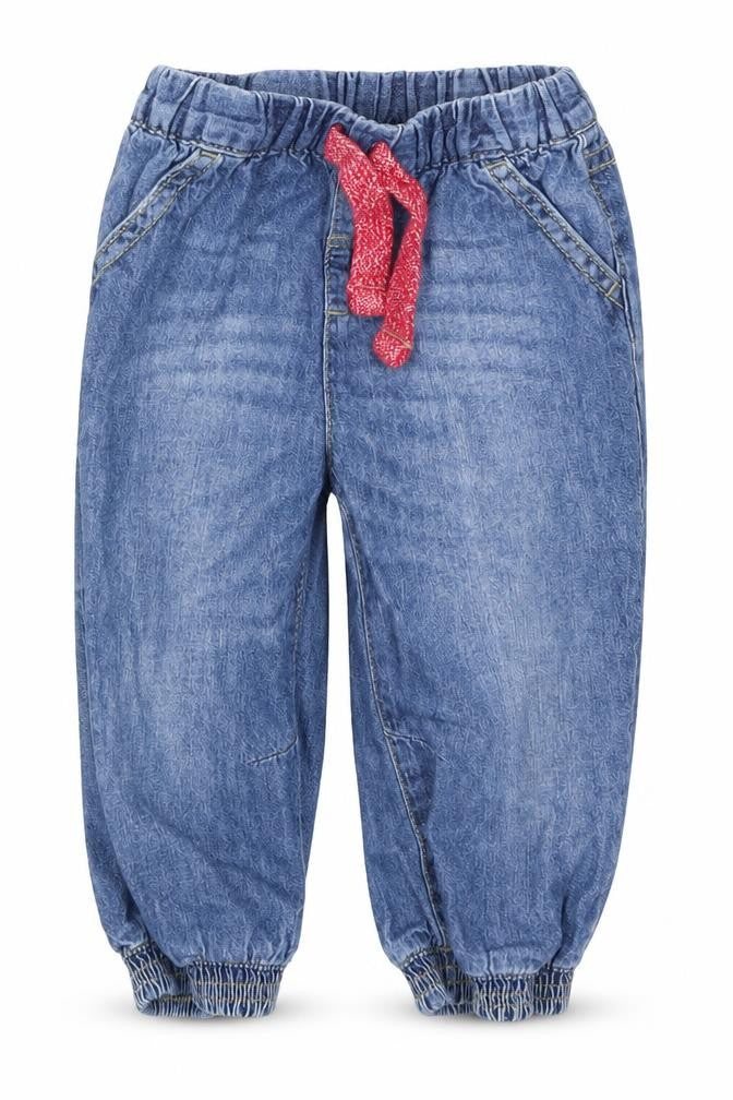 Front view of Ladybird girls’ blue denim capri jeans, size 9-12, months