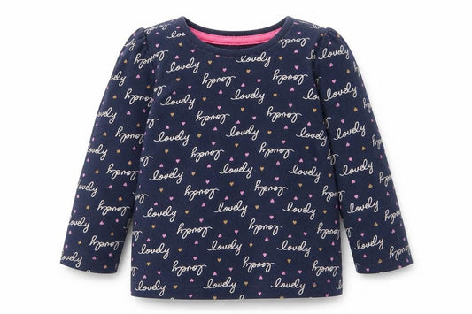 Front view of Primark girls’ blue basic t-shirt, size 9-12, months - lovely