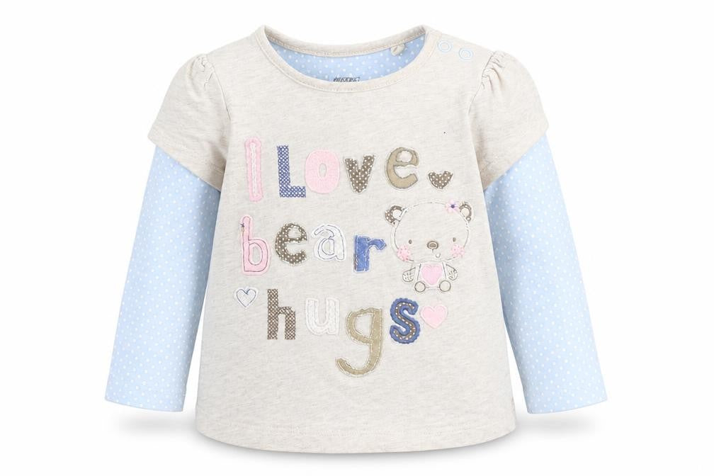 Front view of Tu Baby Beige Basic T-Shirt, size 12-18, Months - I Love Bear Hugs