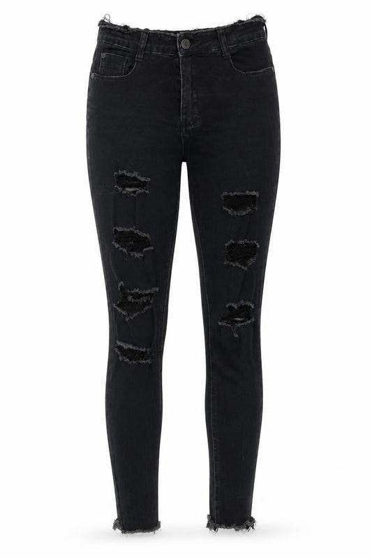 Front view of Missguided women’s black denim skinny jeans, size UK 10, 28.5-inch leg