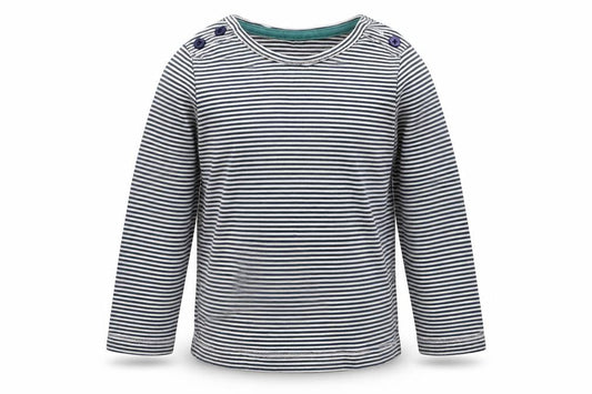 Front view of John Lewis girls’ white striped basic t-shirt, size 9-12, months
